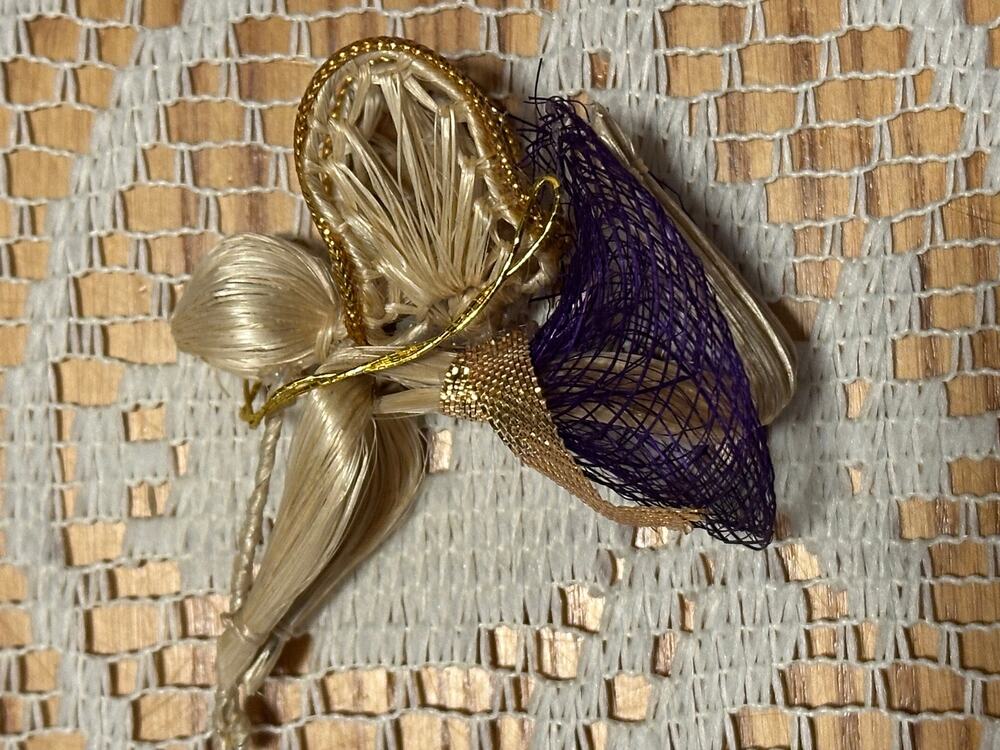 Vintage Sisal Straw Angel Ornament Sisal Hair Purple Mesh Wings